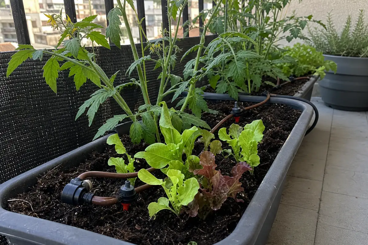 Tuyau de micro-irrigation goutte-à-goutte installé le long de jardinières sur un balcon, goutteurs positionnés au pied des plants