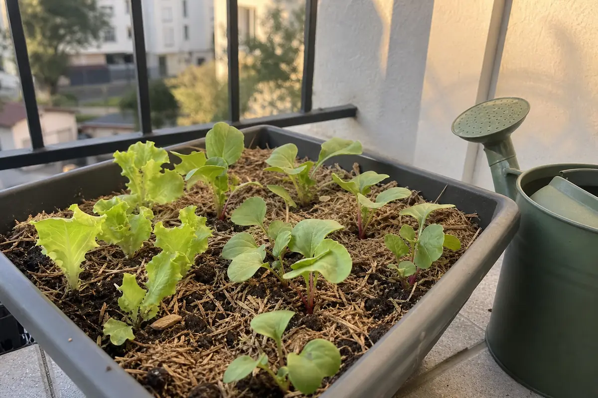 Semis de radis et jeunes salades à couper levant dans une jardinière de balcon paillée, arrosoir à pomme posé à côté
