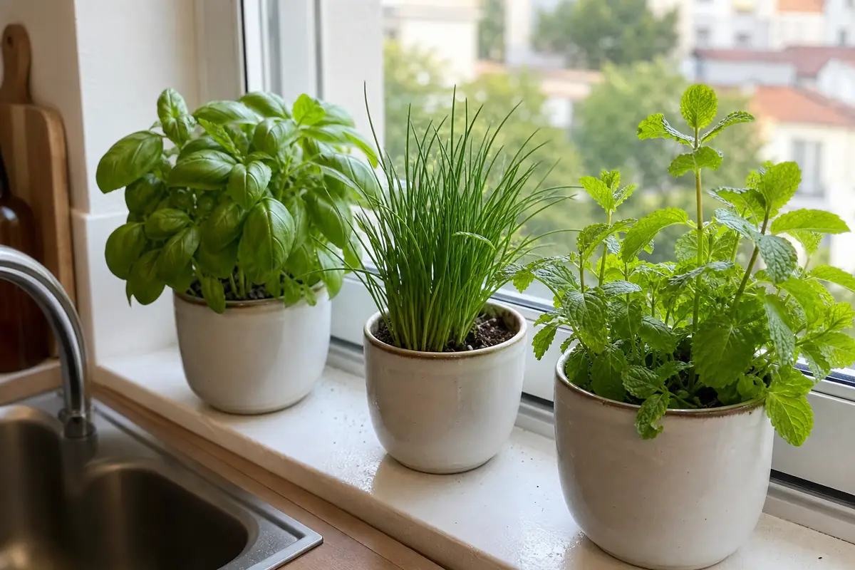 Basilic, ciboulette et menthe en pots sur un rebord de fenêtre de cuisine lumineux