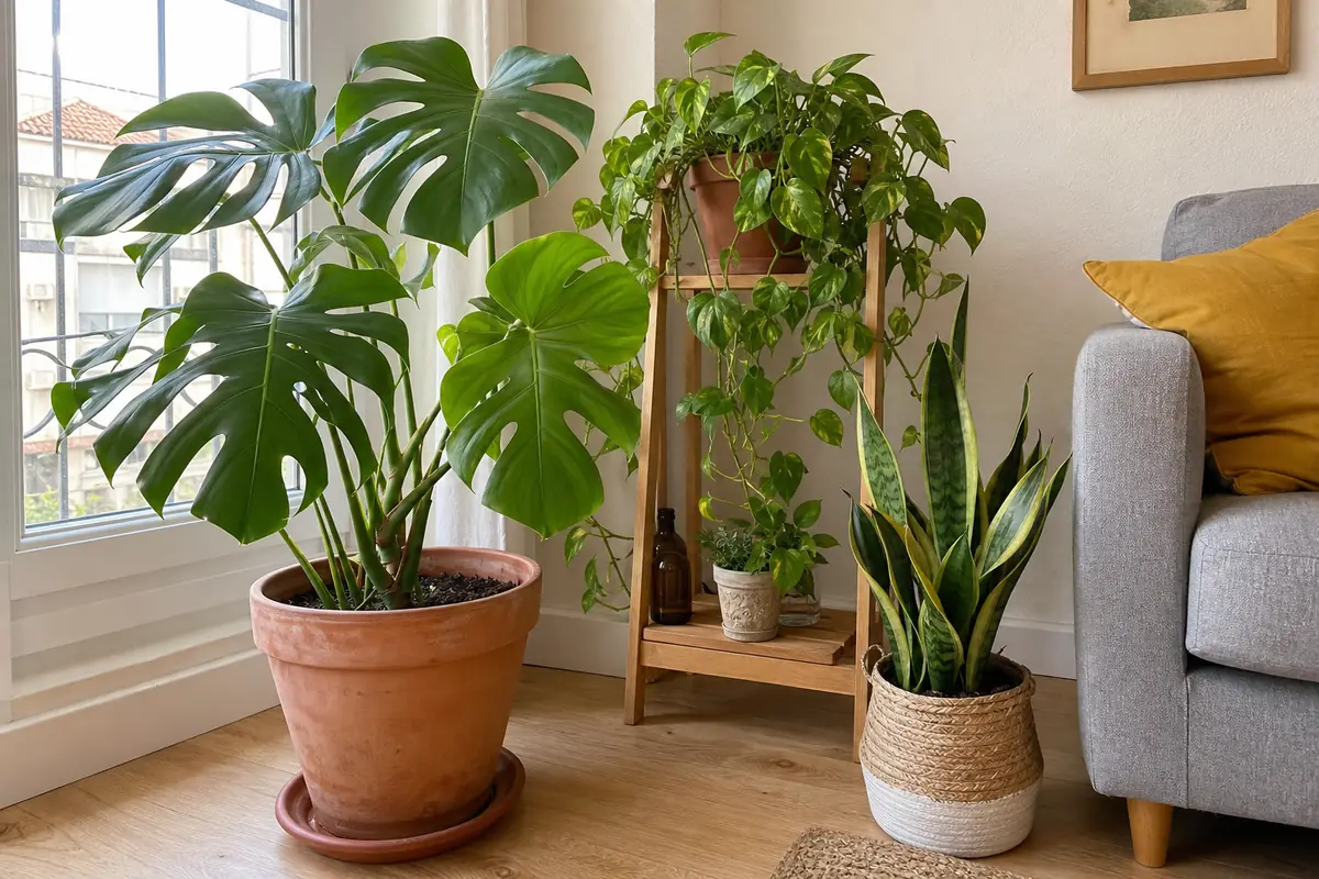Coin salon lumineux avec plantes d'intérieur faciles : monstera, pothos retombant et sansevière près d'une fenêtre