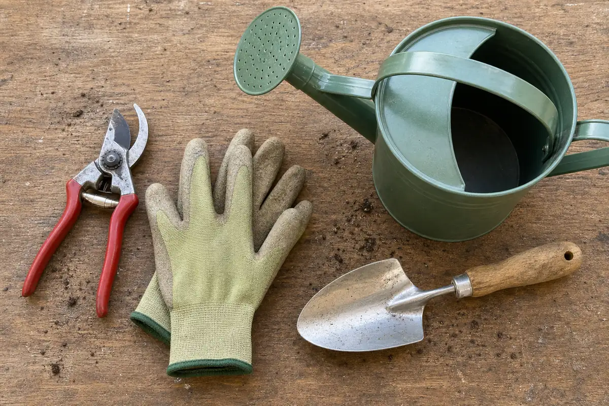Le kit de départ du jardinier débutant posé sur une table en bois : sécateur, gants, arrosoir à pomme et transplantoir