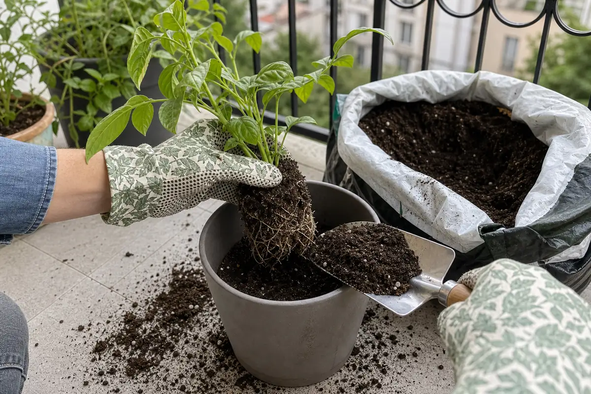 Mains gantées rempotant un plant avec un transplantoir en inox au-dessus d'un sac de terreau