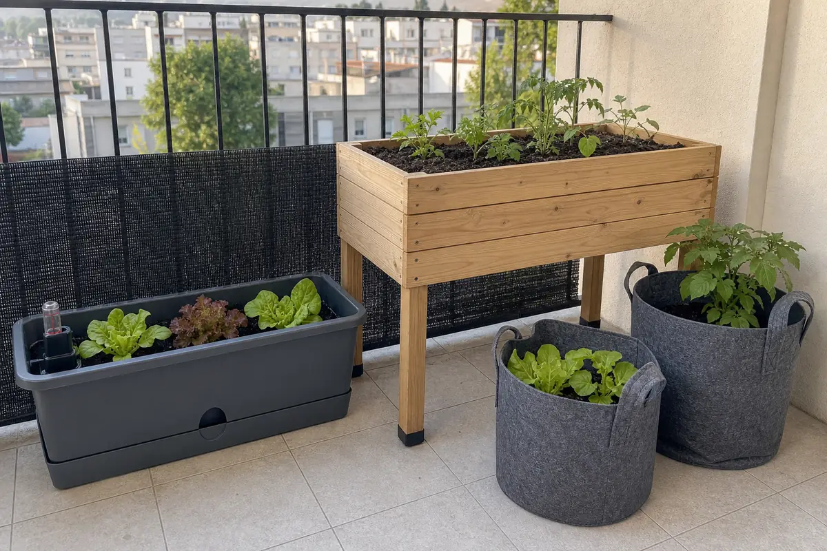 Comparaison des contenants pour potager de balcon : jardinière à réserve d'eau, carré potager surélevé sur pieds et sacs en géotextile