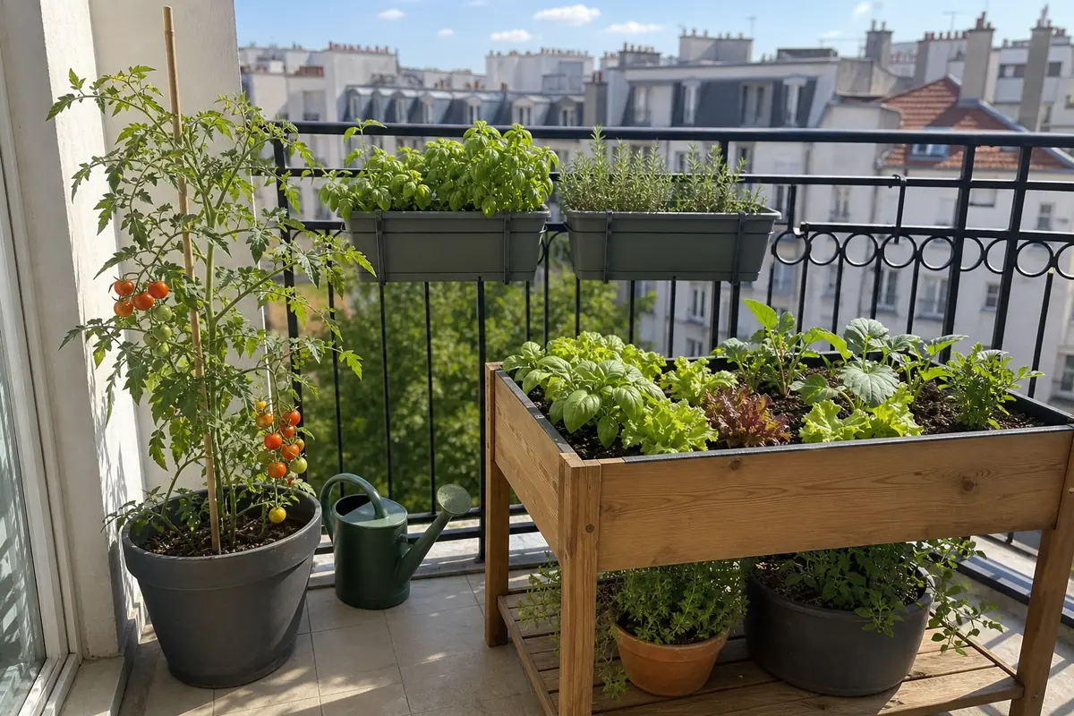 Potager de balcon urbain avec carré potager sur pieds, jardinières d'aromates et plants de tomates cerises